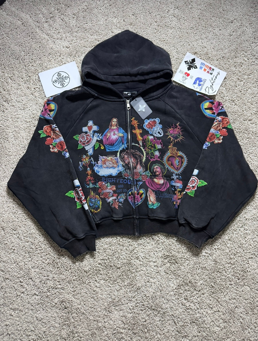 Righteous Black Vintage style Zip Up Hoodie