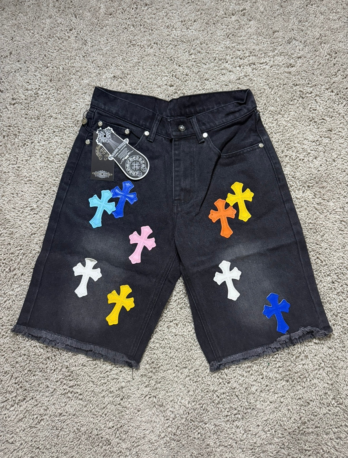 Chrome Heart black multi color cross jorts
