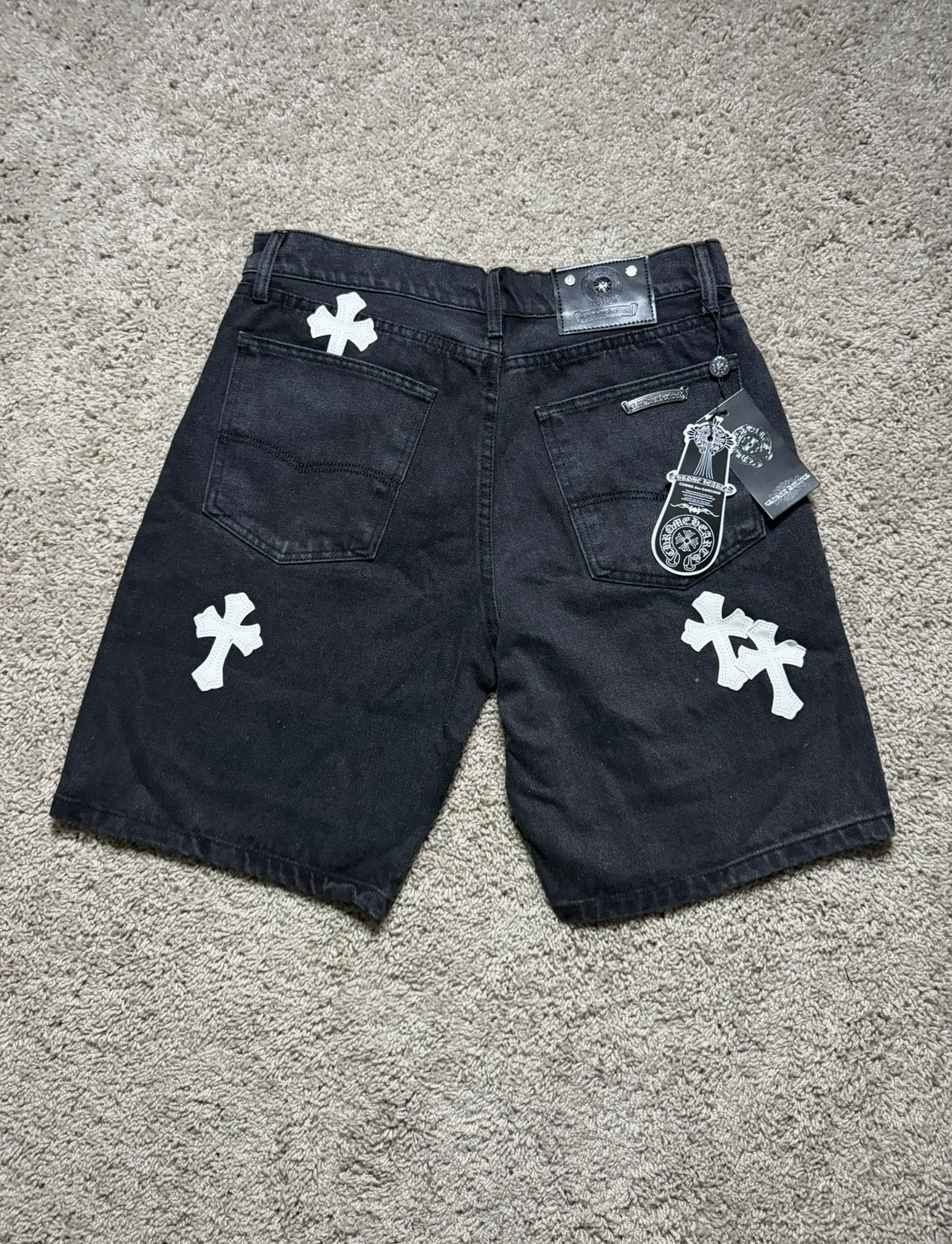 Chrome Heart Black Jorts with white crosses