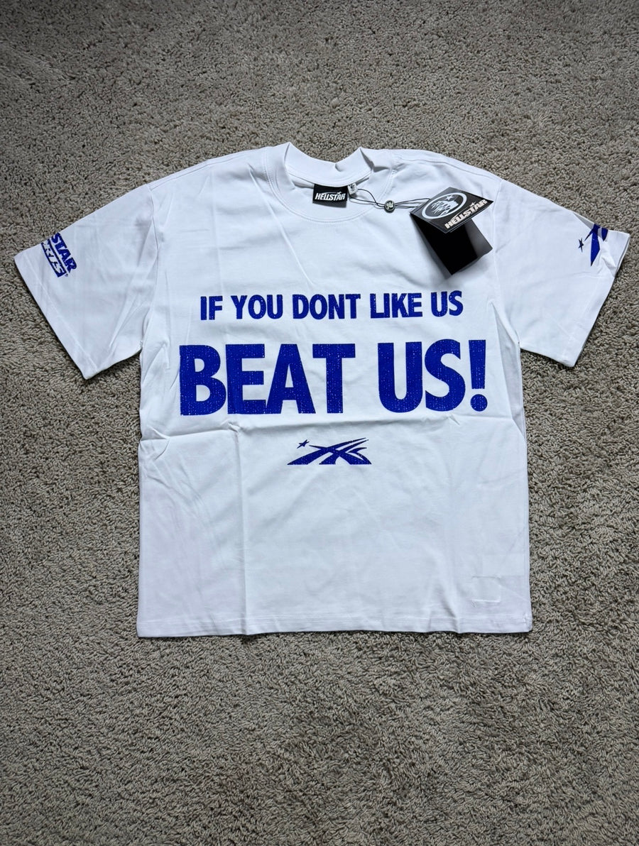 Hellstar White “Beat us” tee with blue accents