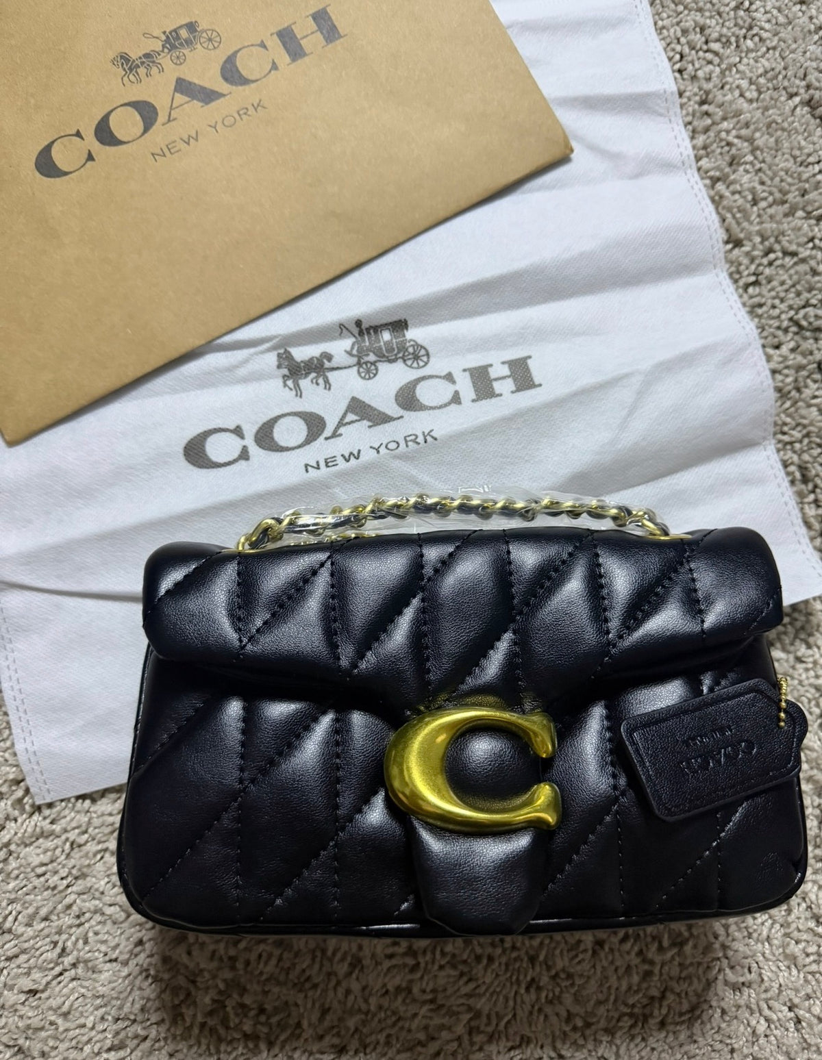 Black Quilted Coach Bag With Gold C