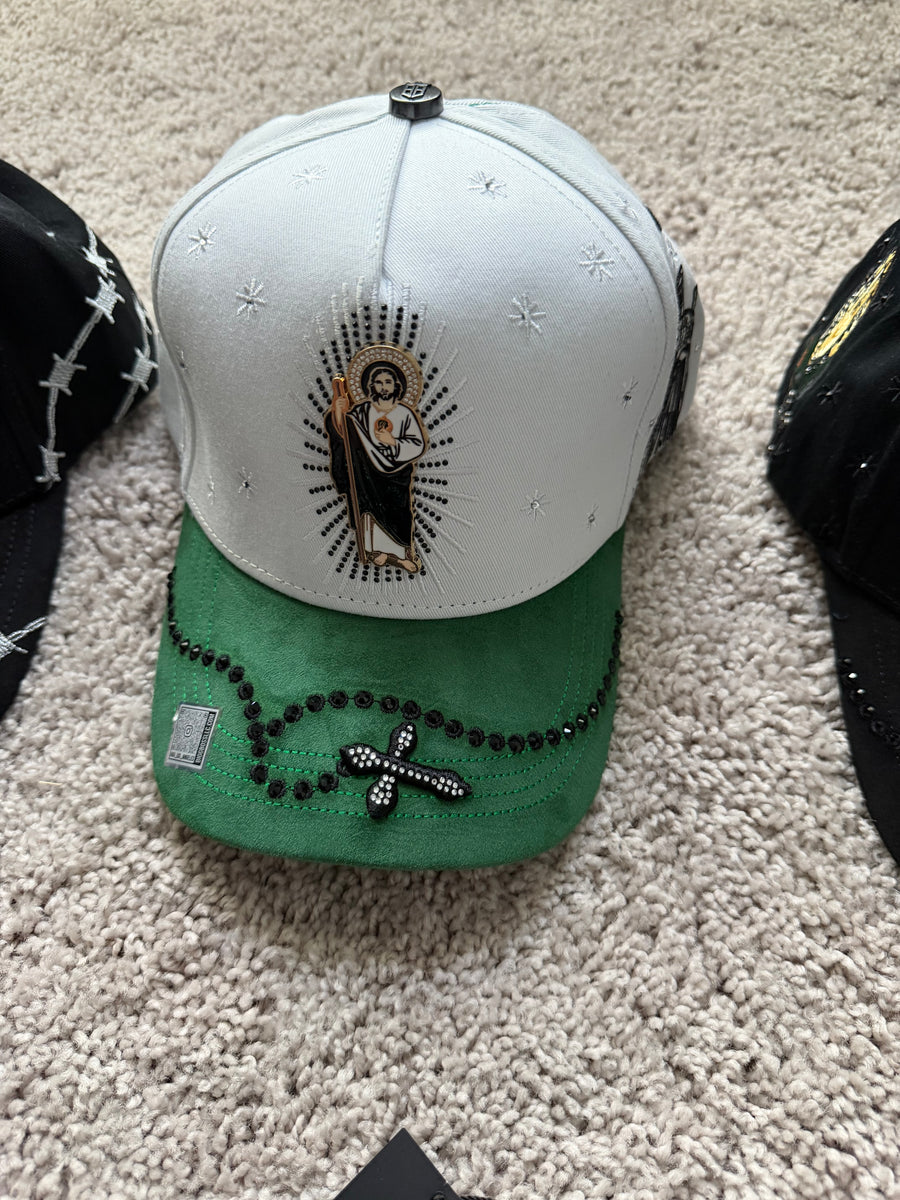 San Judas White Green Rhinestone Hat