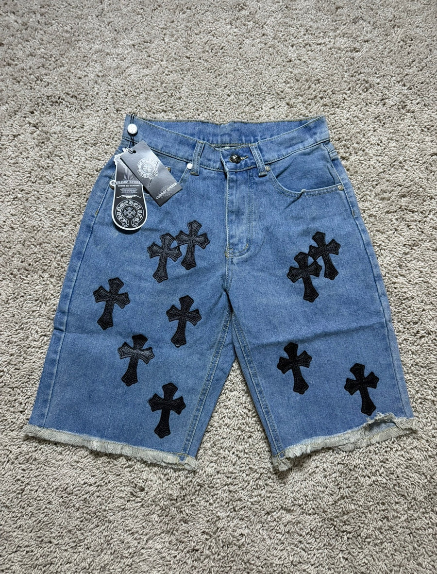 Chrome Heart Jorts Blue With Ripped Ends