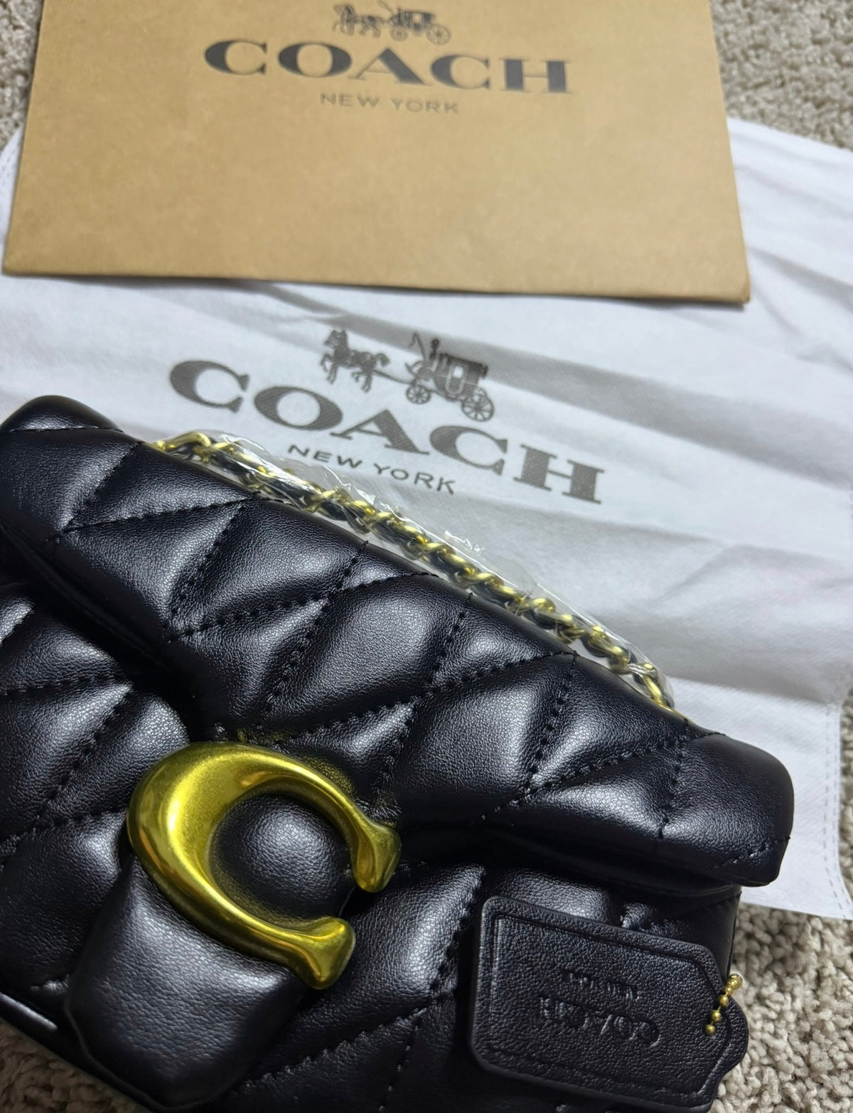 Black Quilted Coach Bag With Gold C