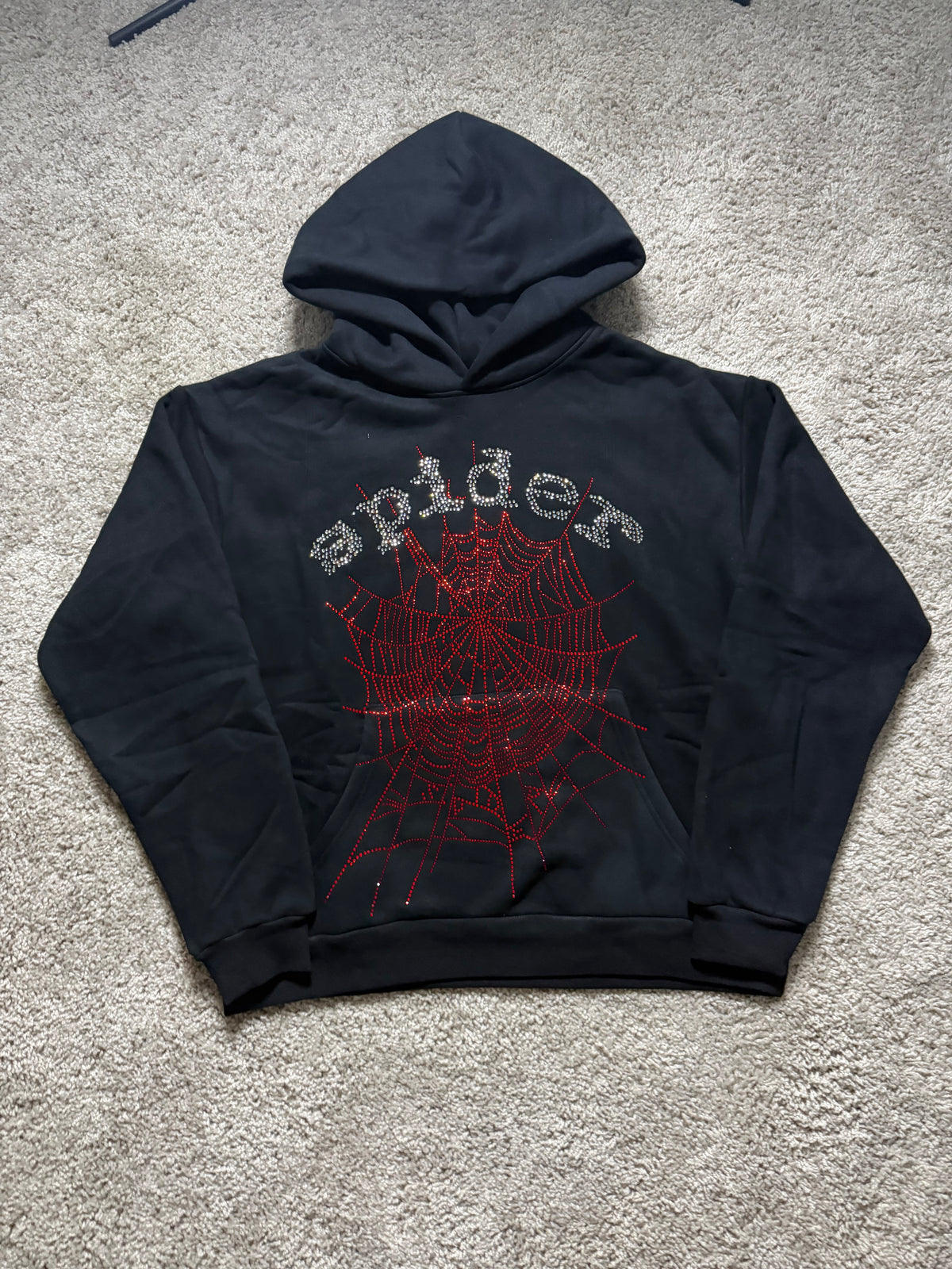Sp5der rhinestone black with Red Web Hoodie