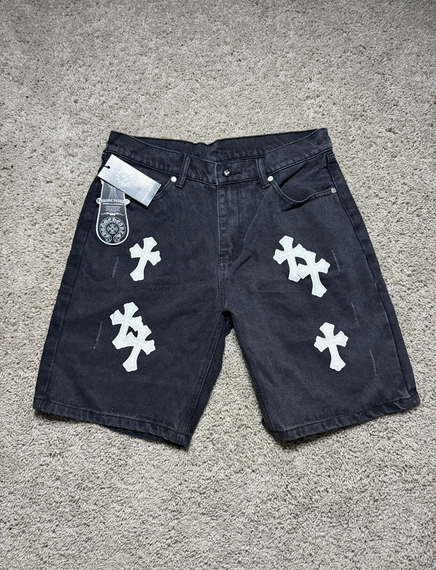 Chrome Heart Black Jorts with white crosses